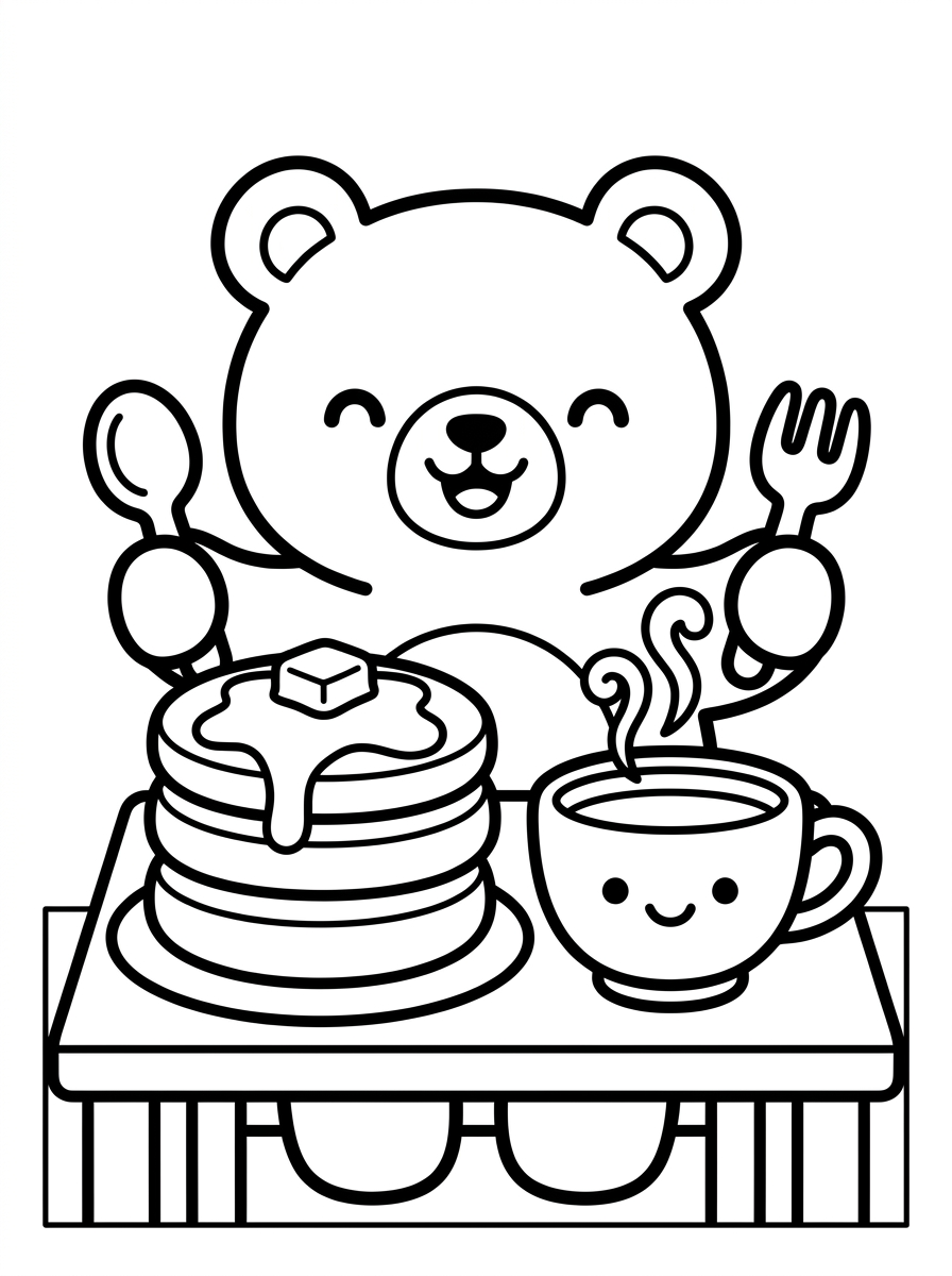 Desenho para colorir: Bobbie Tomando Chá com Panquecas