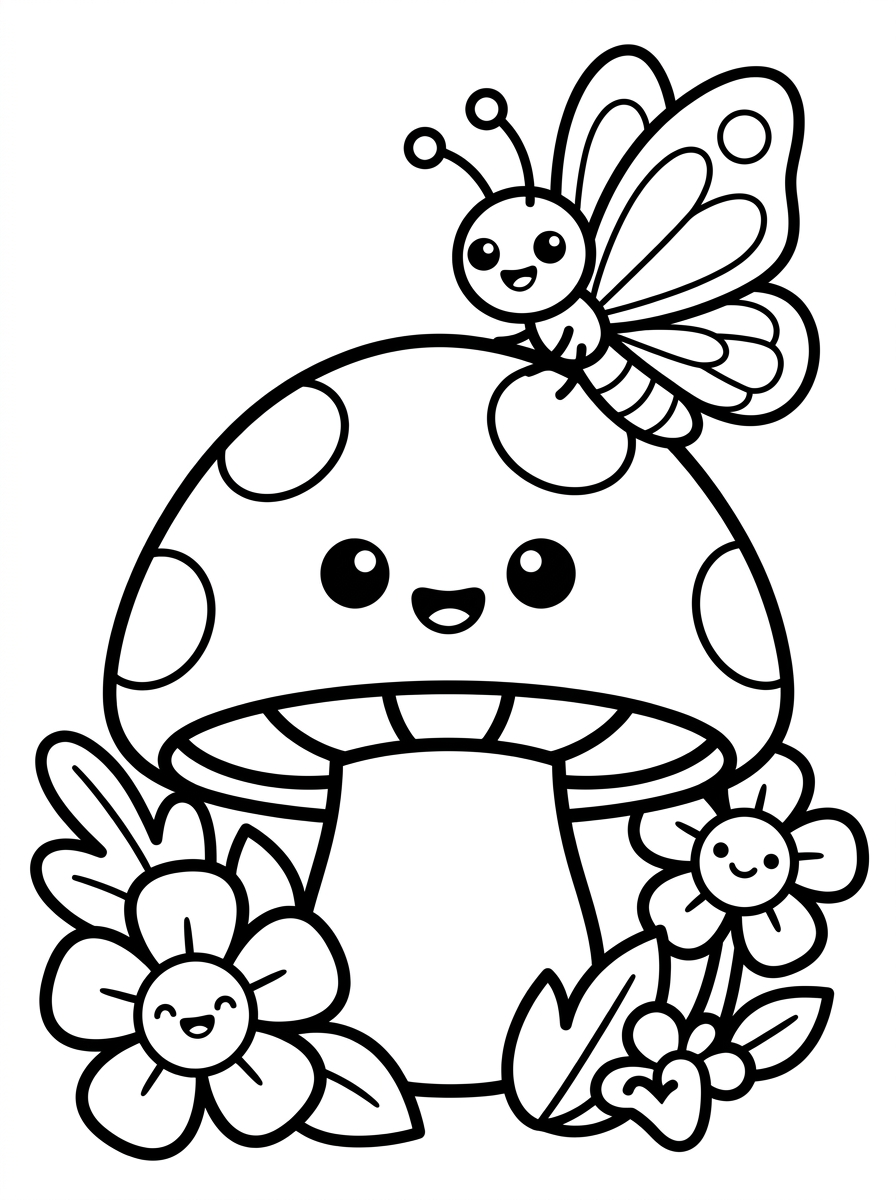Desenho para colorir: Borboleta Fofa no Cogumelo Mágico