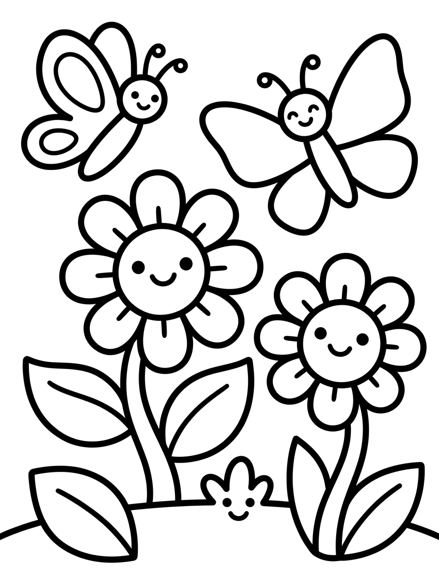 Desenho para colorir: Borboletas Voando nas Flores Mágicas