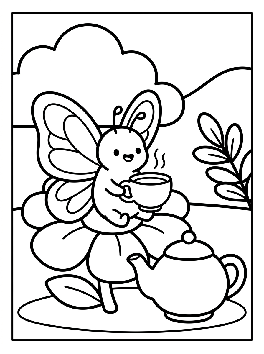 Desenho para colorir: Borboleta Tomando Chá no Jardim Encantado