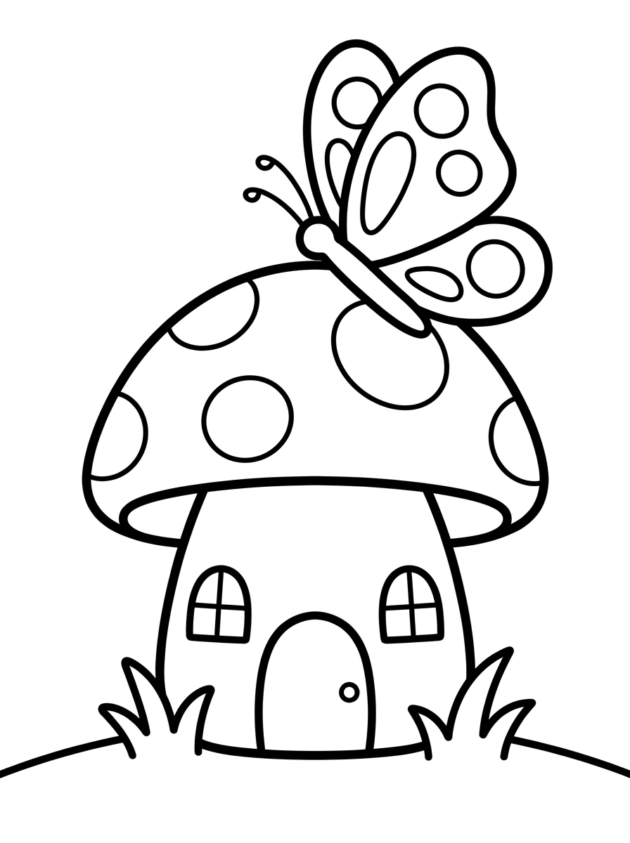 Desenho para colorir: Casa de Cogumelo com Borboleta
