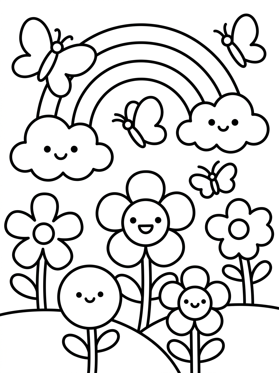 Arco-Íris e Borboletas no Jardim Mágico para colorir Desenho de Arco-Íris e Borboletas no Jardim Mágico para colorir e imprimir grátis