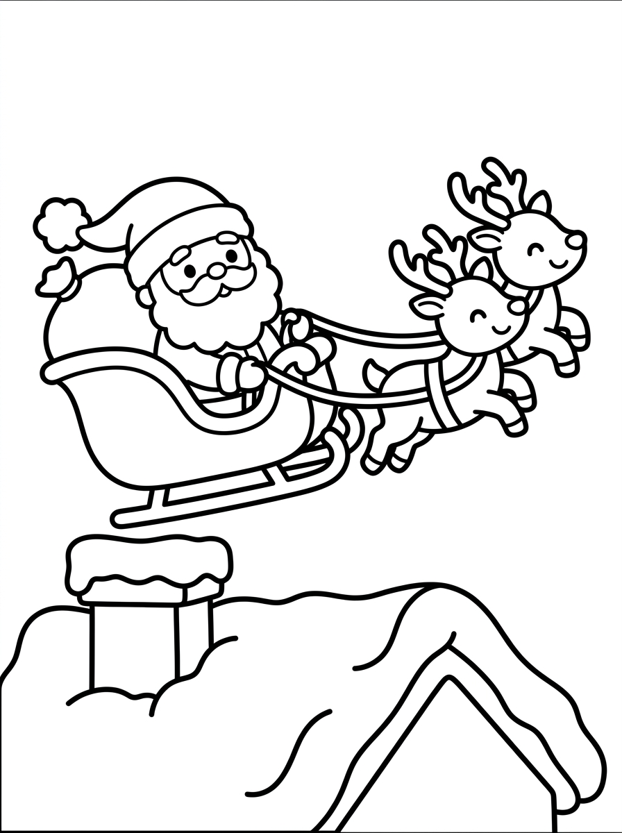 Desenho para colorir: Papai Noel Decolando do Telhado no Trenó