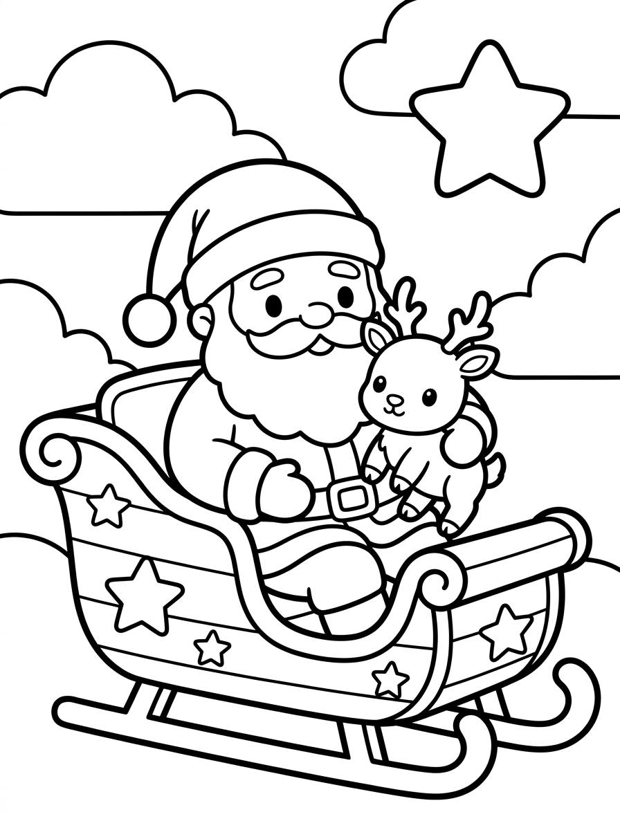 Desenho para colorir: Papai Noel e Rena Bebê no Trenó Mágico