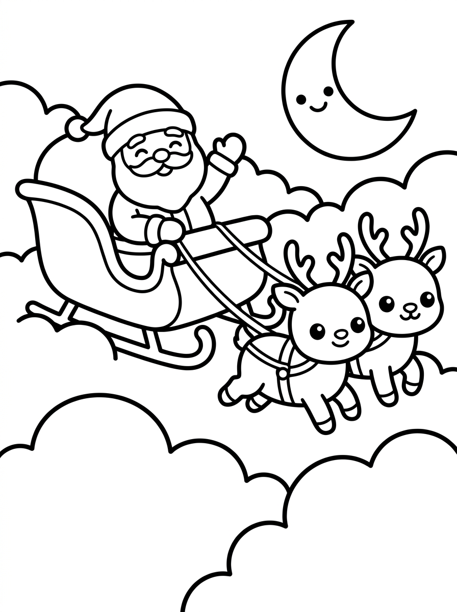 Desenho para colorir: Trenó do Papai Noel Voando nas Nuvens