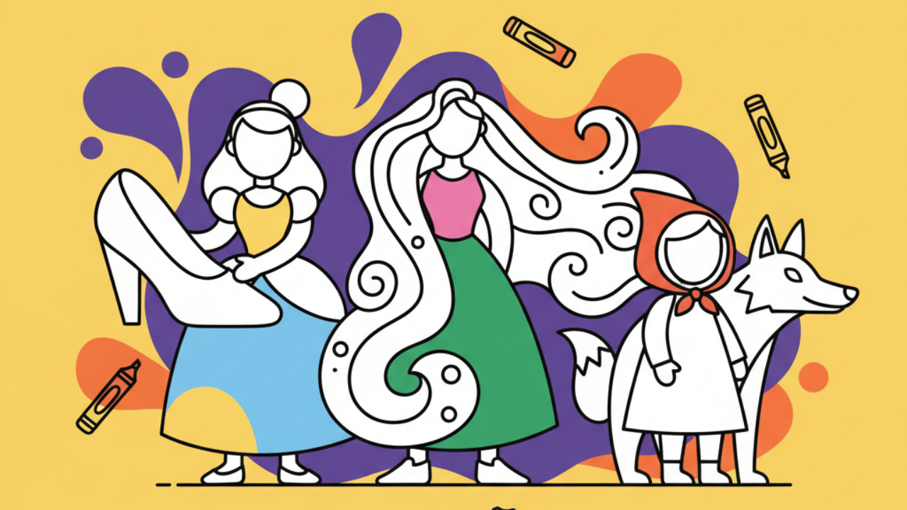 Line art de personagens de contos de fadas para pintura com canetinha