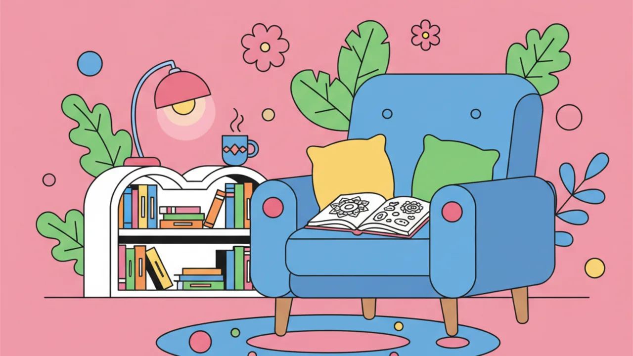 Desenhos de Sala de Leitura Relaxante para Colorir Online