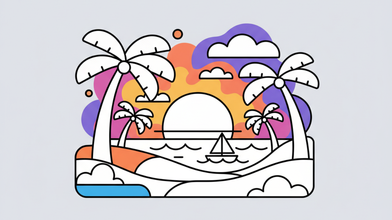 Pôr do sol na praia para colorir: desenhos grátis incríveis
