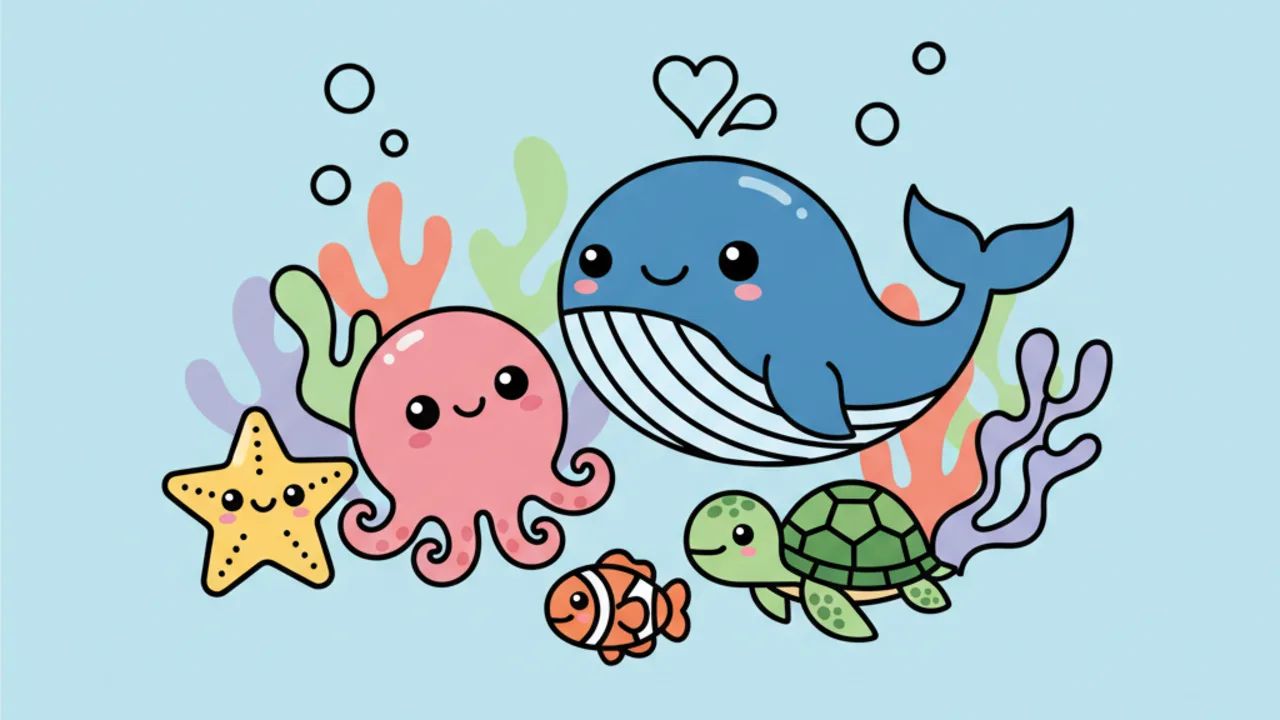 Desenhos Educativos de Animais Aquáticos Kawaii para Colorir