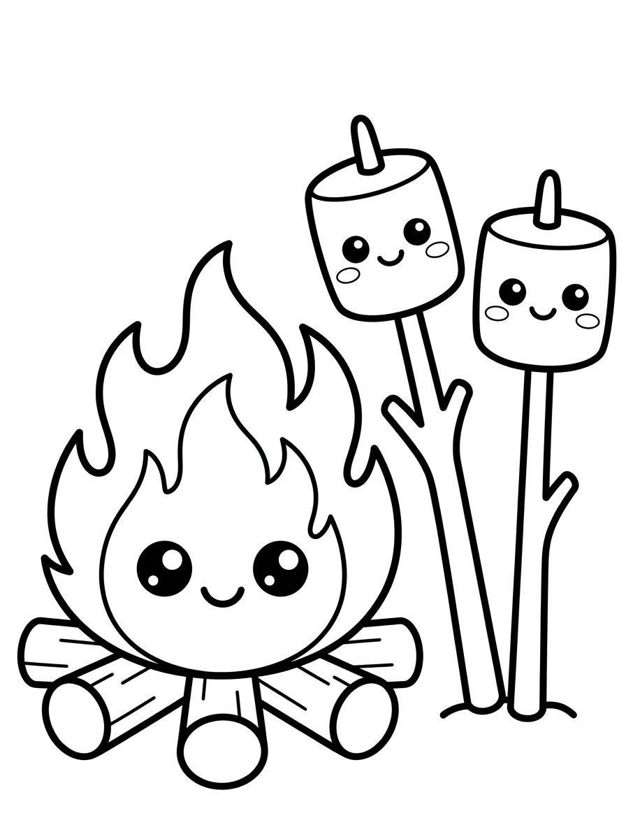 Fogueira Alegre com Marshmallows Fofos para colorir Desenho de Fogueira Alegre com Marshmallows Fofos para colorir e imprimir grátis