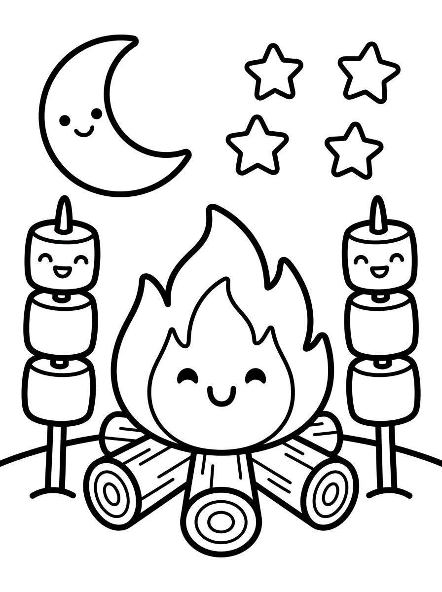 Fogueira Divertida e Marshmallows para colorir Desenho de Fogueira Divertida e Marshmallows para colorir e imprimir grátis