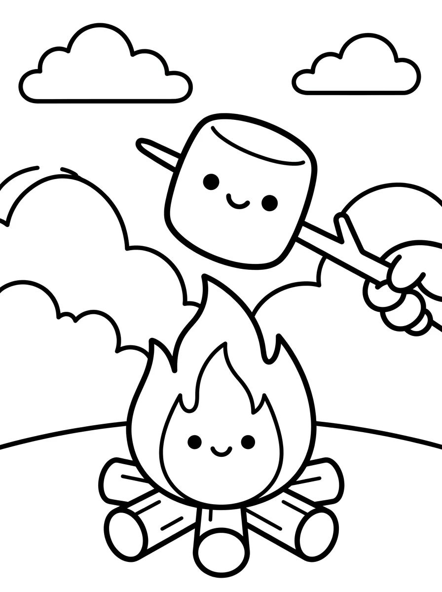 Marshmallow Feliz na Fogueira de Acampamento para colorir Desenho de Marshmallow Feliz na Fogueira de Acampamento para colorir e imprimir grátis