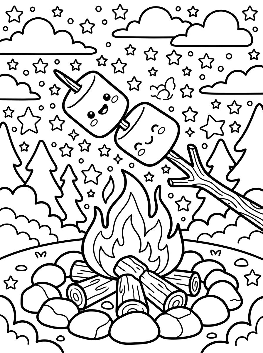 Marshmallows Felizes na Fogueira para colorir Desenho de Marshmallows Felizes na Fogueira para colorir e imprimir grátis