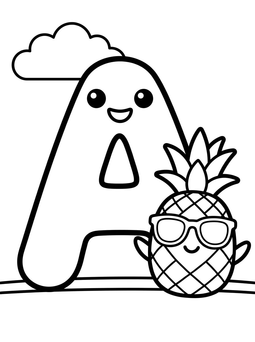 Letra A com Abacaxi Fofo para colorir Desenho de Letra A com Abacaxi Fofo para colorir e imprimir grátis