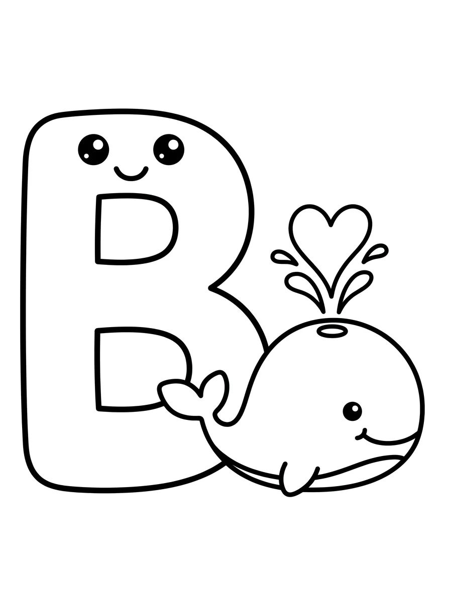 Letra B com Baleia Fofa para colorir Desenho de Letra B com Baleia Fofa para colorir e imprimir grátis