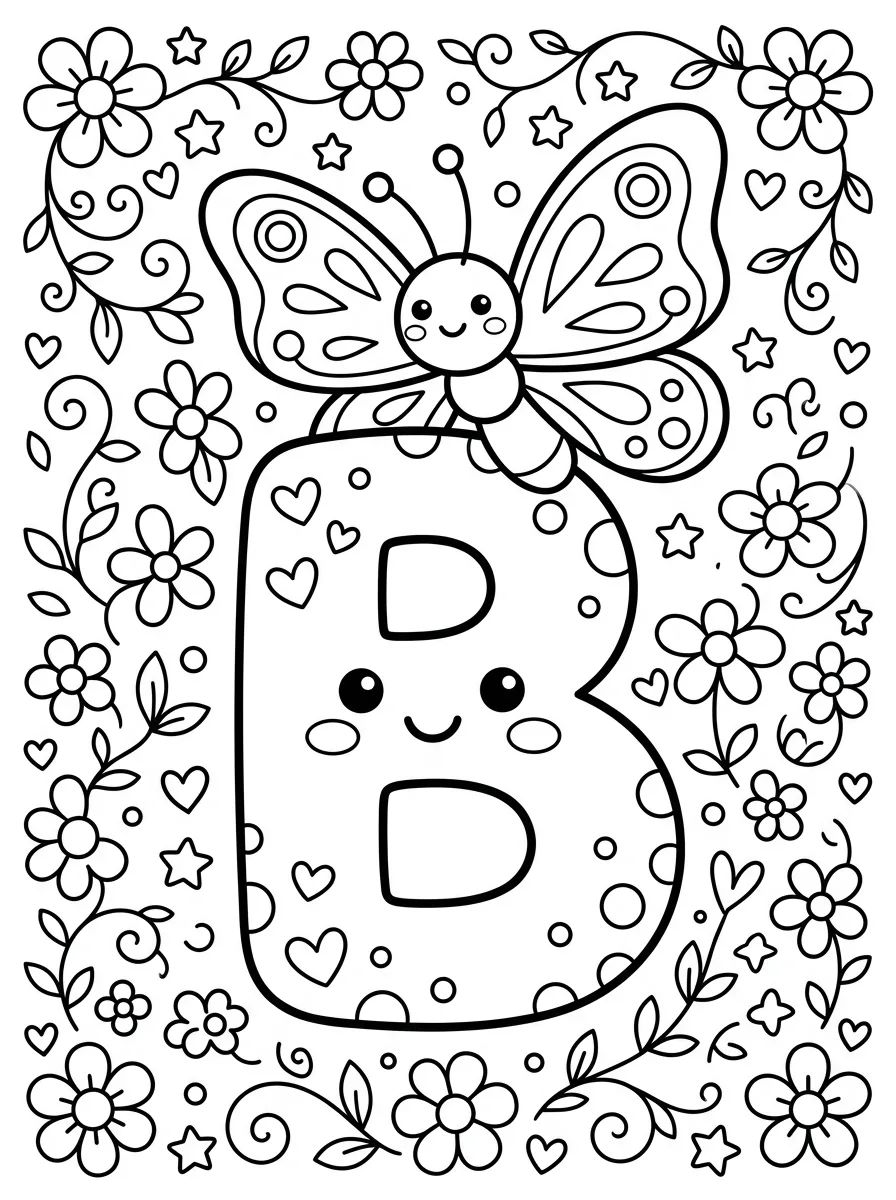 Letra B com Borboleta Fofinha para colorir Desenho de Letra B com Borboleta Fofinha para colorir e imprimir grátis