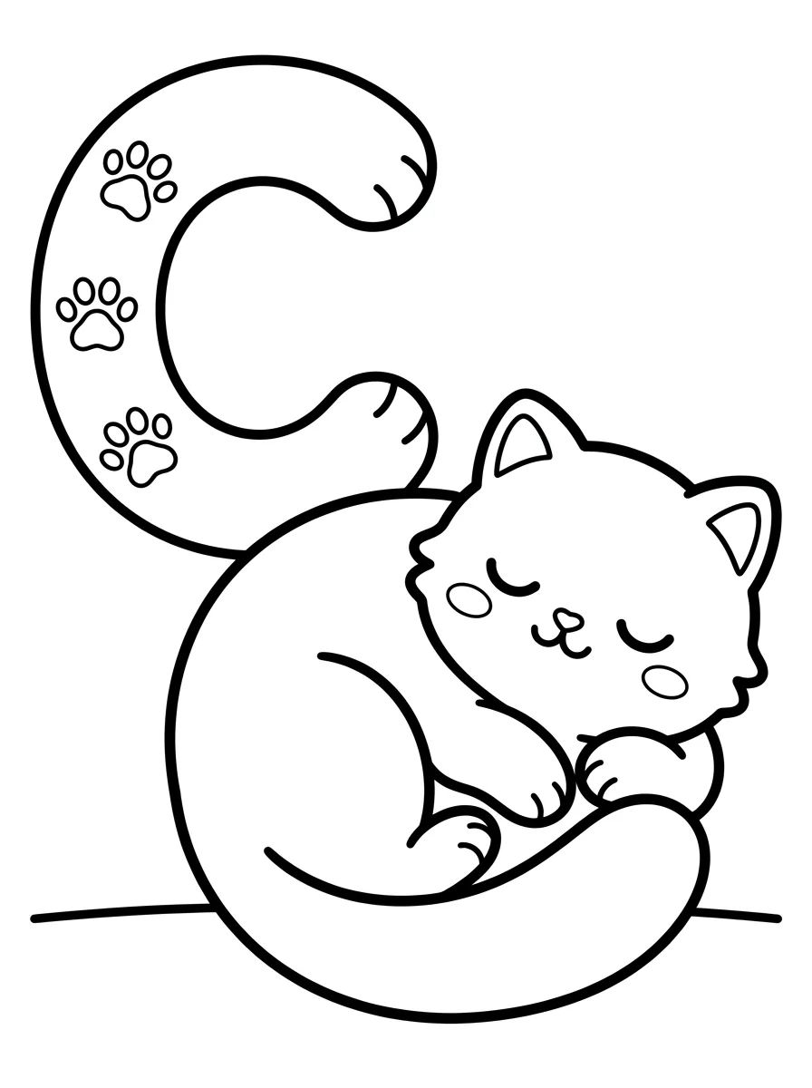 Letra C e Gatinho Kawaii para colorir Desenho de Letra C e Gatinho Kawaii para colorir e imprimir grátis