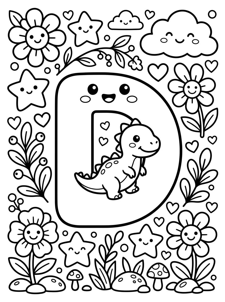 Letter D with Cute Baby Dino para colorir Desenho de Letter D with Cute Baby Dino para colorir e imprimir grátis