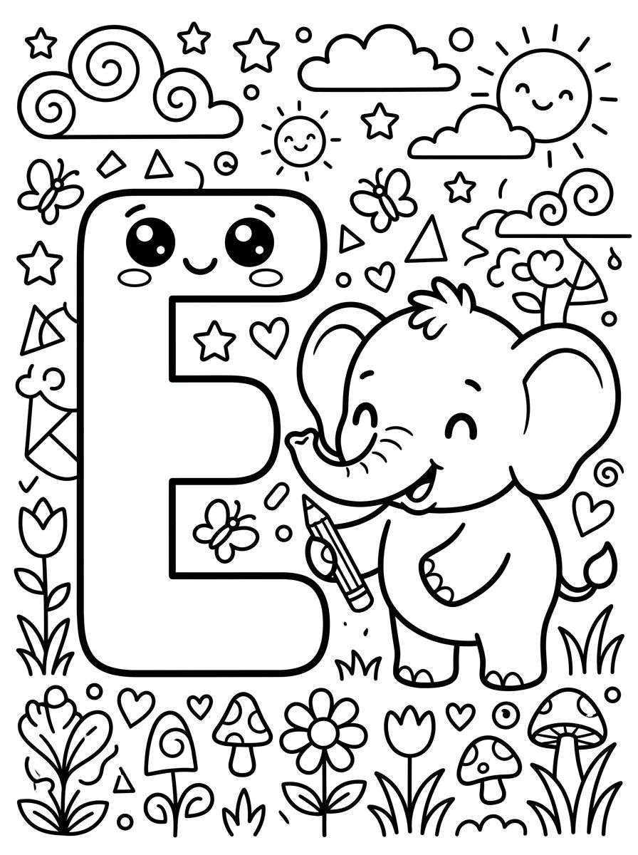 Letra E do Elefantinho Charmoso para colorir Desenho de Letra E do Elefantinho Charmoso para colorir e imprimir grátis