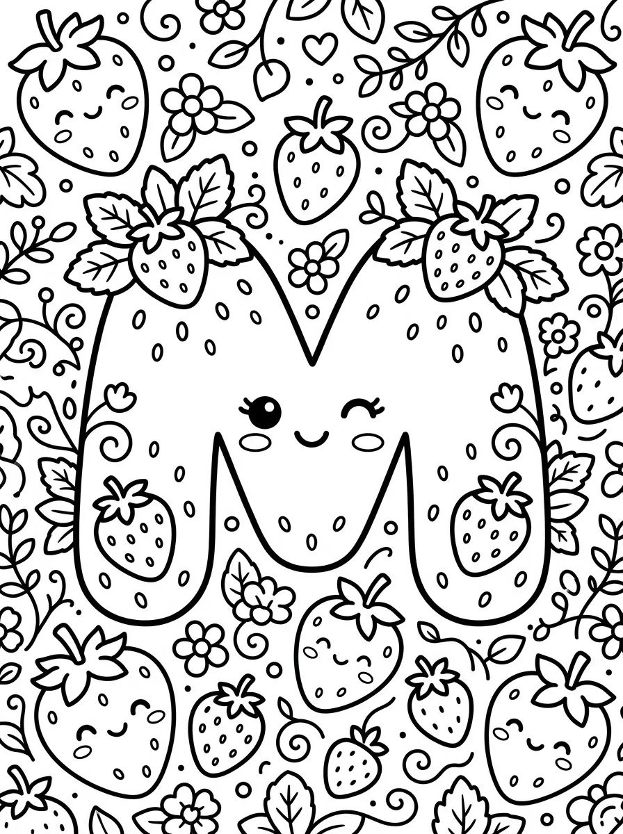 Happy Strawberry Letter M para colorir Desenho de Happy Strawberry Letter M para colorir e imprimir grátis