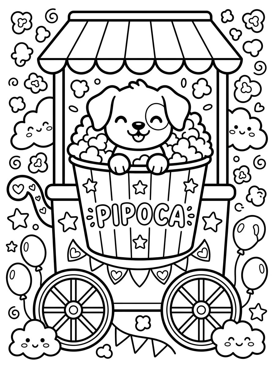 Cachorrinho no Carrinho de Pipoca para colorir Desenho de Cachorrinho no Carrinho de Pipoca para colorir e imprimir grátis