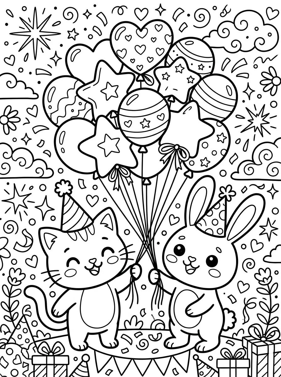 Animais Fofos com Balões de Festa para colorir Desenho de Animais Fofos com Balões de Festa para colorir e imprimir grátis