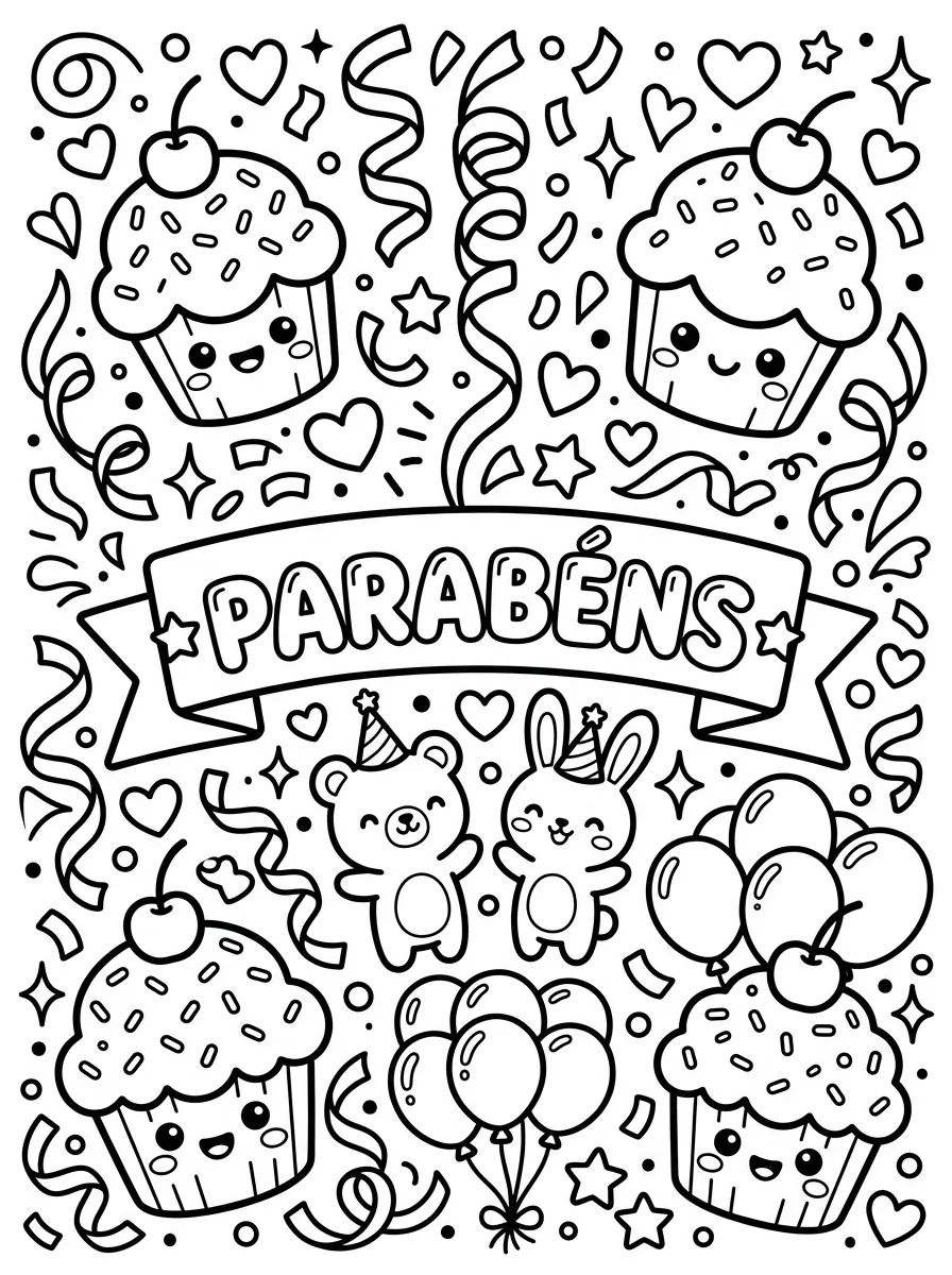 Kawaii Happy Birthday Card para colorir Desenho de Kawaii Happy Birthday Card para colorir e imprimir grátis
