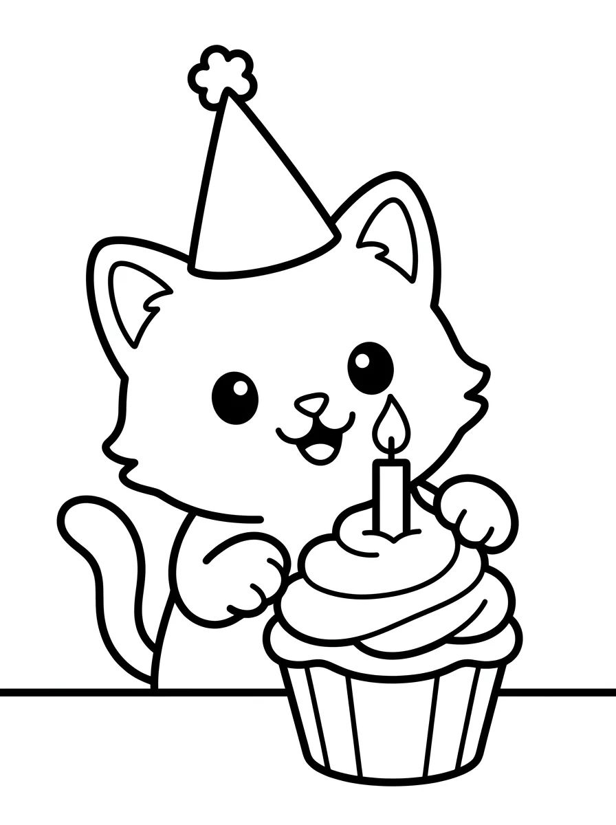 Gatinho com Cupcake de Aniversário para colorir Desenho de Gatinho com Cupcake de Aniversário para colorir e imprimir grátis