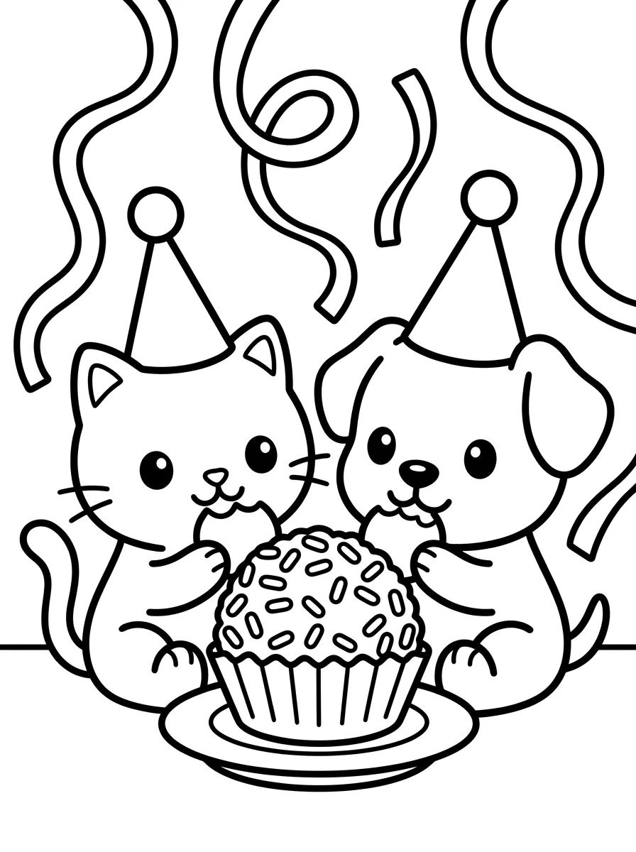 Gatinho e Cachorrinho em Festa de Aniversário para colorir Desenho de Gatinho e Cachorrinho em Festa de Aniversário para colorir e imprimir grátis