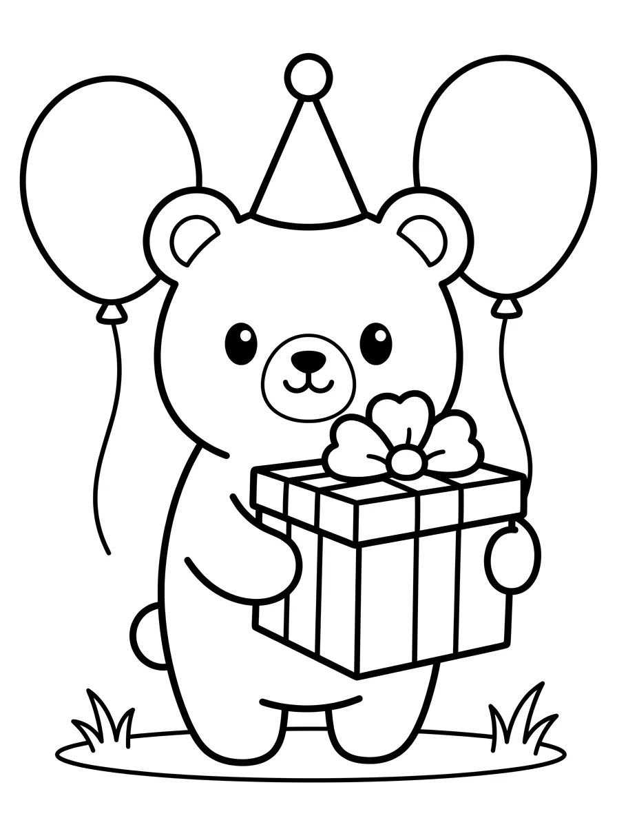 Ursinho com Presente de Aniversário para colorir Desenho de Ursinho com Presente de Aniversário para colorir e imprimir grátis