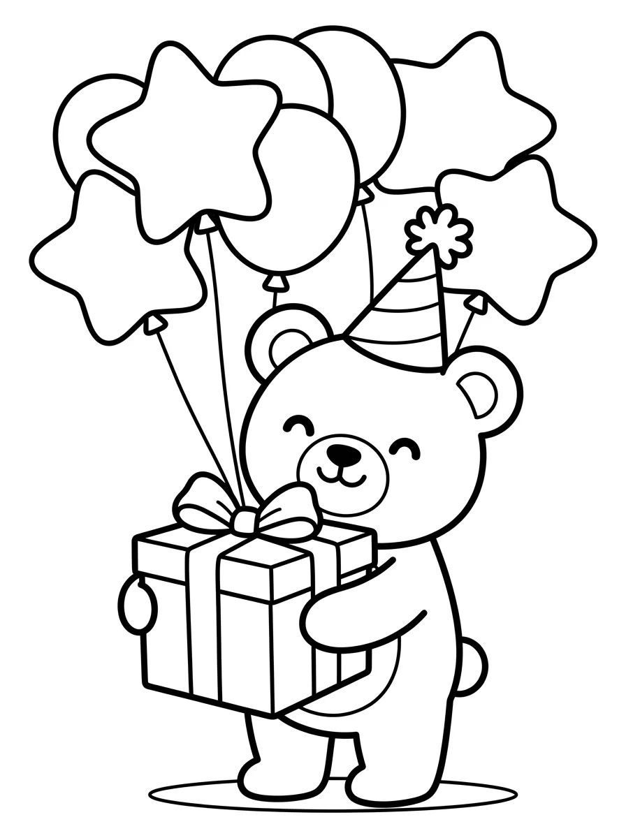 Ursinho com Presente e Balões para colorir Desenho de Ursinho com Presente e Balões para colorir e imprimir grátis