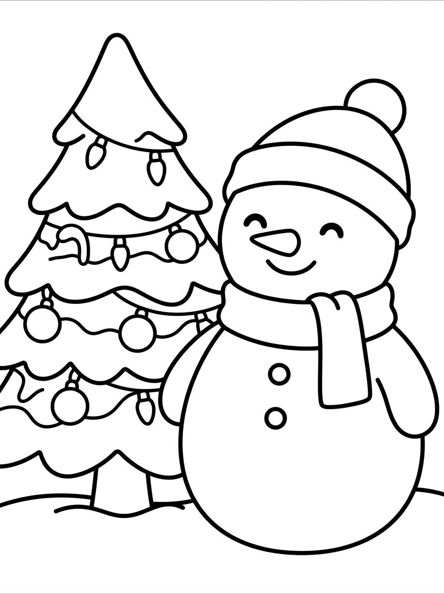 Boneco de Neve ao Lado da Árvore de Natal para colorir Desenho de Boneco de Neve ao Lado da Árvore de Natal para colorir e imprimir grátis
