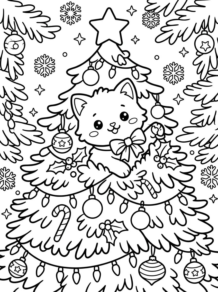 Gatito Jugando en el Árbol de Navidad para colorir Desenho de Gatito Jugando en el Árbol de Navidad para colorir e imprimir grátis