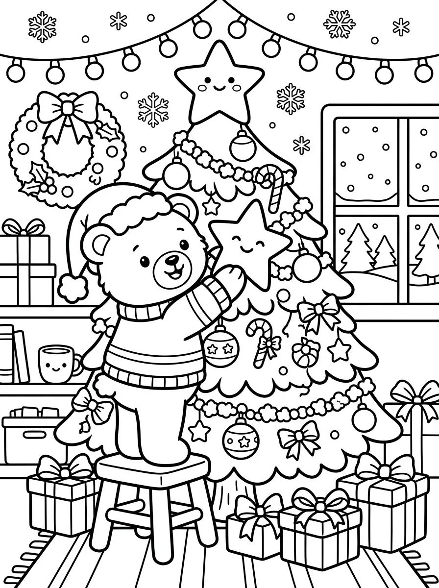 Ursinho Decorando a Árvore de Natal para colorir Desenho de Ursinho Decorando a Árvore de Natal para colorir e imprimir grátis