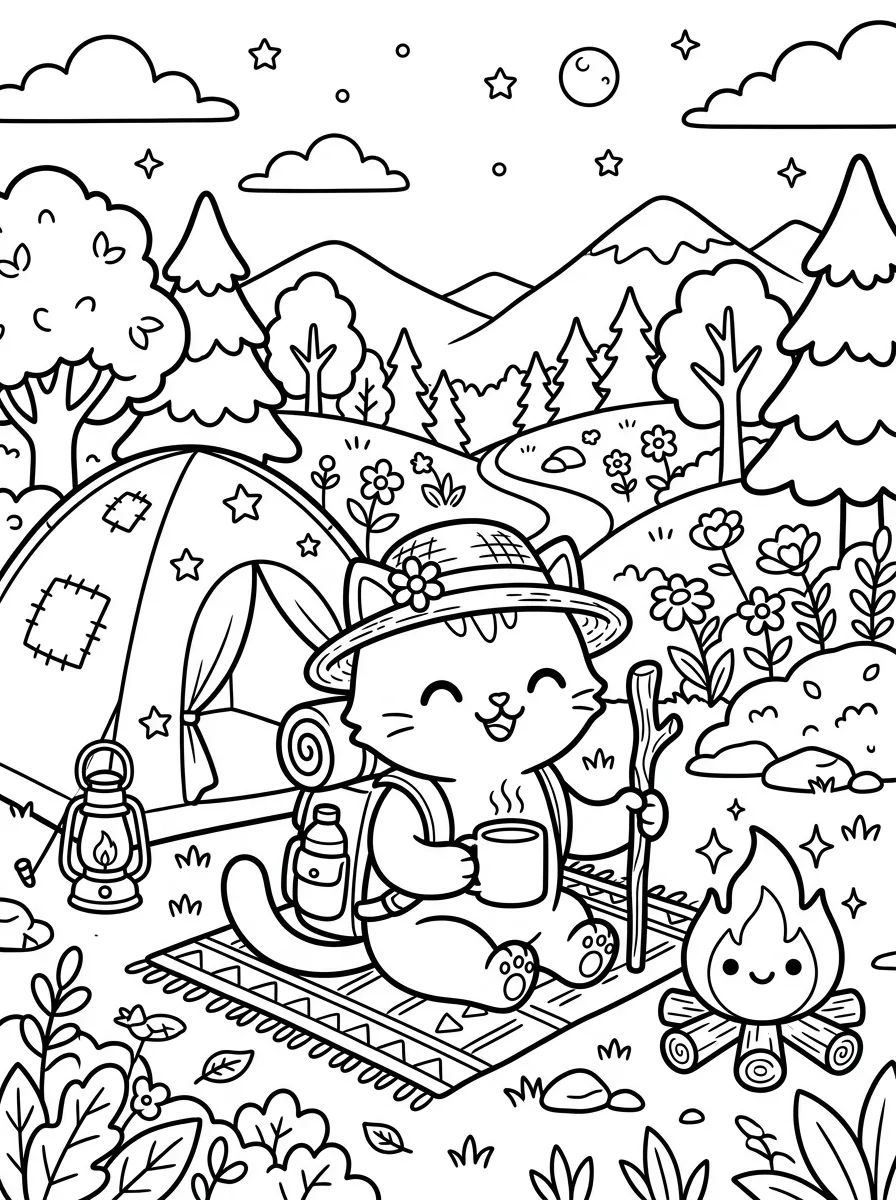 Gatinho Mochileiro no Acampamento para colorir Desenho de Gatinho Mochileiro no Acampamento para colorir e imprimir grátis