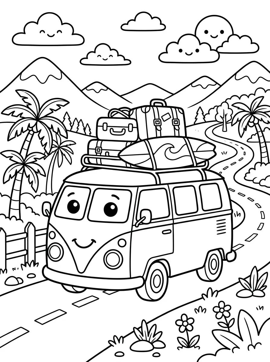 Kombi Fofinha na Estrada para colorir Desenho de Kombi Fofinha na Estrada para colorir e imprimir grátis