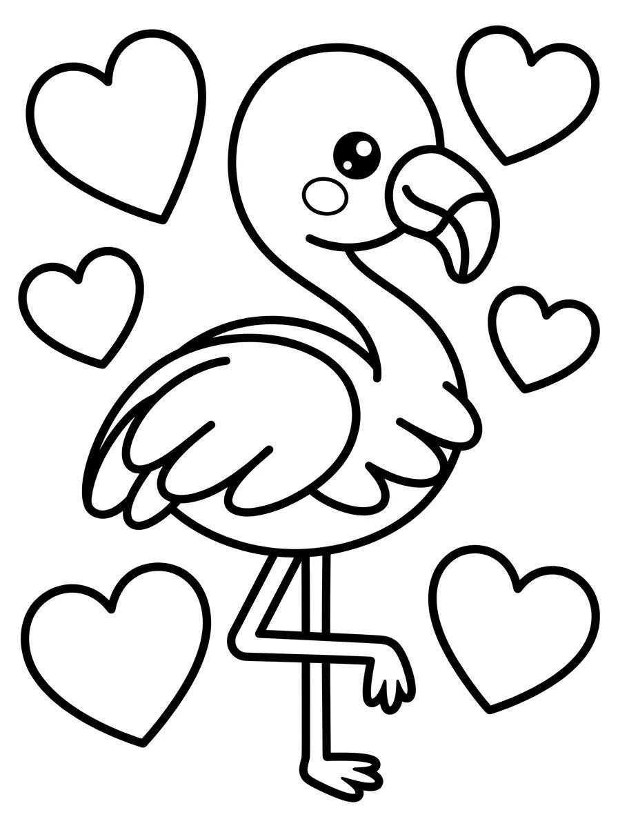 Flamingo Kawaii com Corações para colorir Desenho de Flamingo Kawaii com Corações para colorir e imprimir grátis