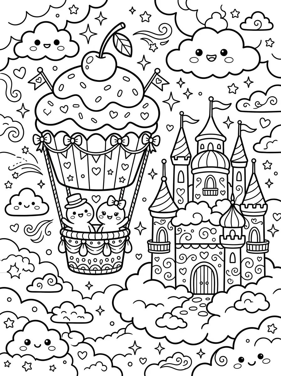 Balão Cupcake e Castelo nas Nuvens para colorir Desenho de Balão Cupcake e Castelo nas Nuvens para colorir e imprimir grátis