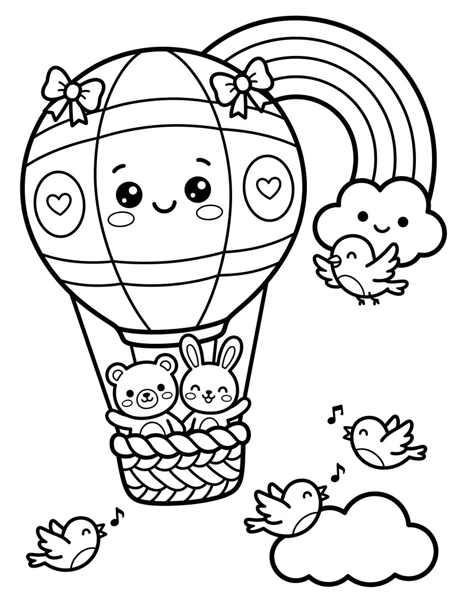 Balão de Ar Quente entre Passarinhos e Arco-Íris para colorir Desenho de Balão de Ar Quente entre Passarinhos e Arco-Íris para colorir e imprimir grátis