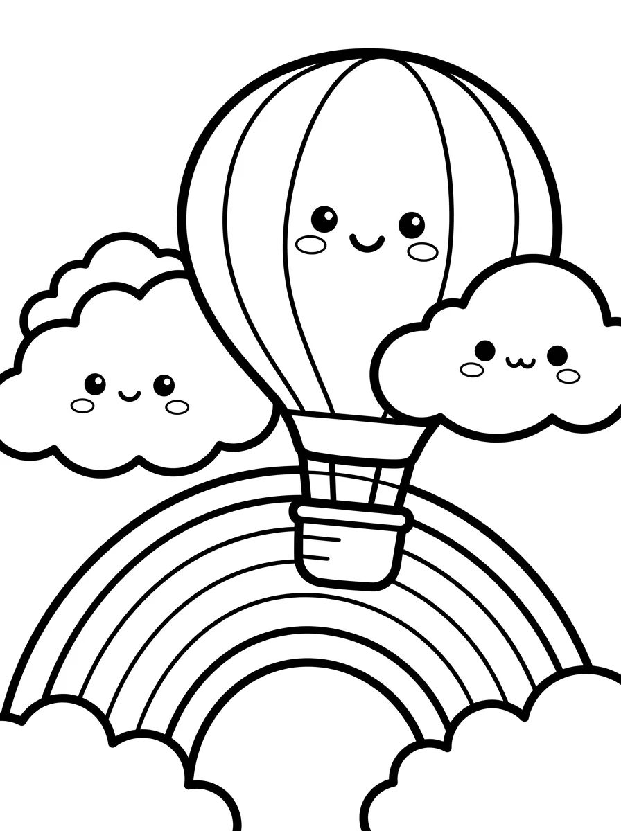 Balão Kawaii entre as Nuvens e Arco-Íris para colorir Desenho de Balão Kawaii entre as Nuvens e Arco-Íris para colorir e imprimir grátis