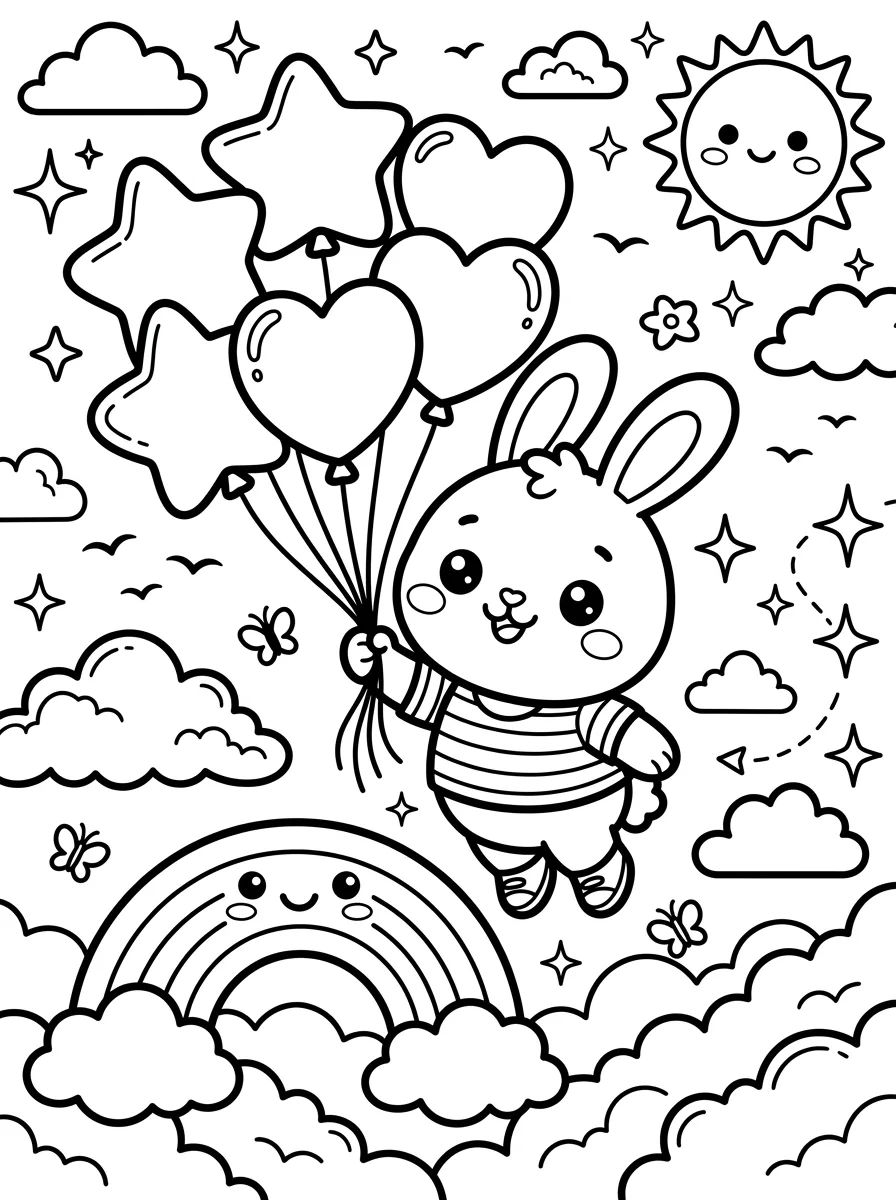 Coelhinho Voando com Balões para colorir Desenho de Coelhinho Voando com Balões para colorir e imprimir grátis