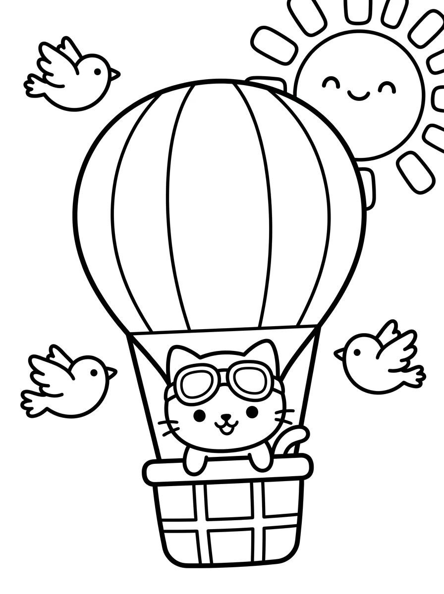 Gatinho Flutuando em Balão com o Sol para colorir Desenho de Gatinho Flutuando em Balão com o Sol para colorir e imprimir grátis