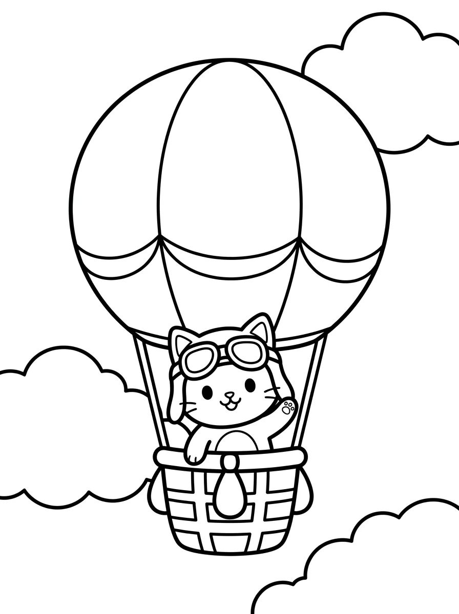 Gatinho Piloto Voando de Balão nas Nuvens para colorir Desenho de Gatinho Piloto Voando de Balão nas Nuvens para colorir e imprimir grátis
