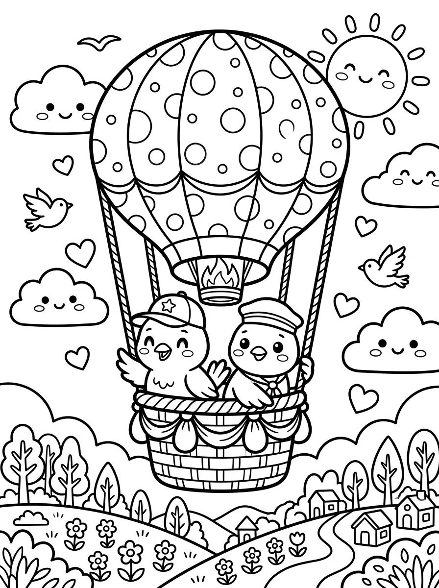 Birds in a Hot Air Balloon para colorir Desenho de Birds in a Hot Air Balloon para colorir e imprimir grátis