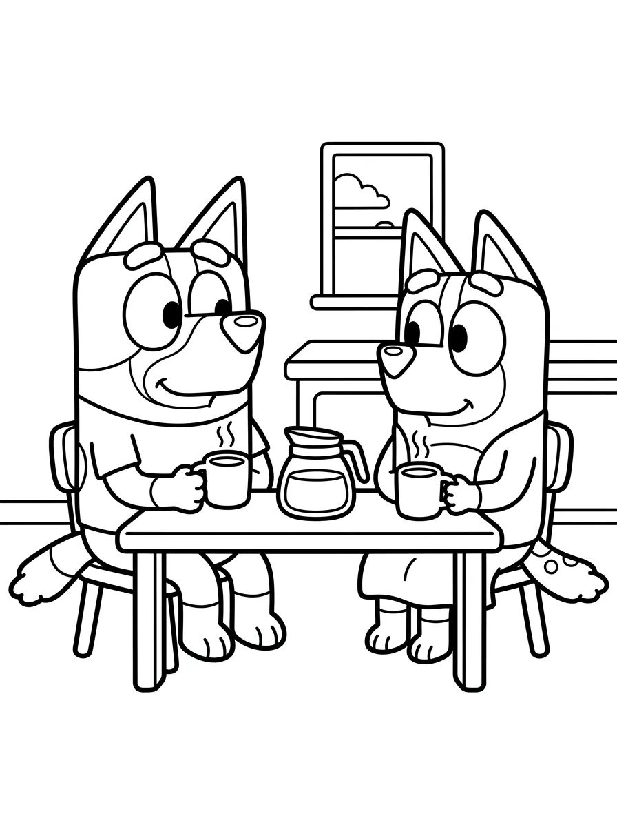 Bandit e Chilli Tomando Café na Cozinha para colorir Desenho de Bandit e Chilli Tomando Café na Cozinha para colorir e imprimir grátis