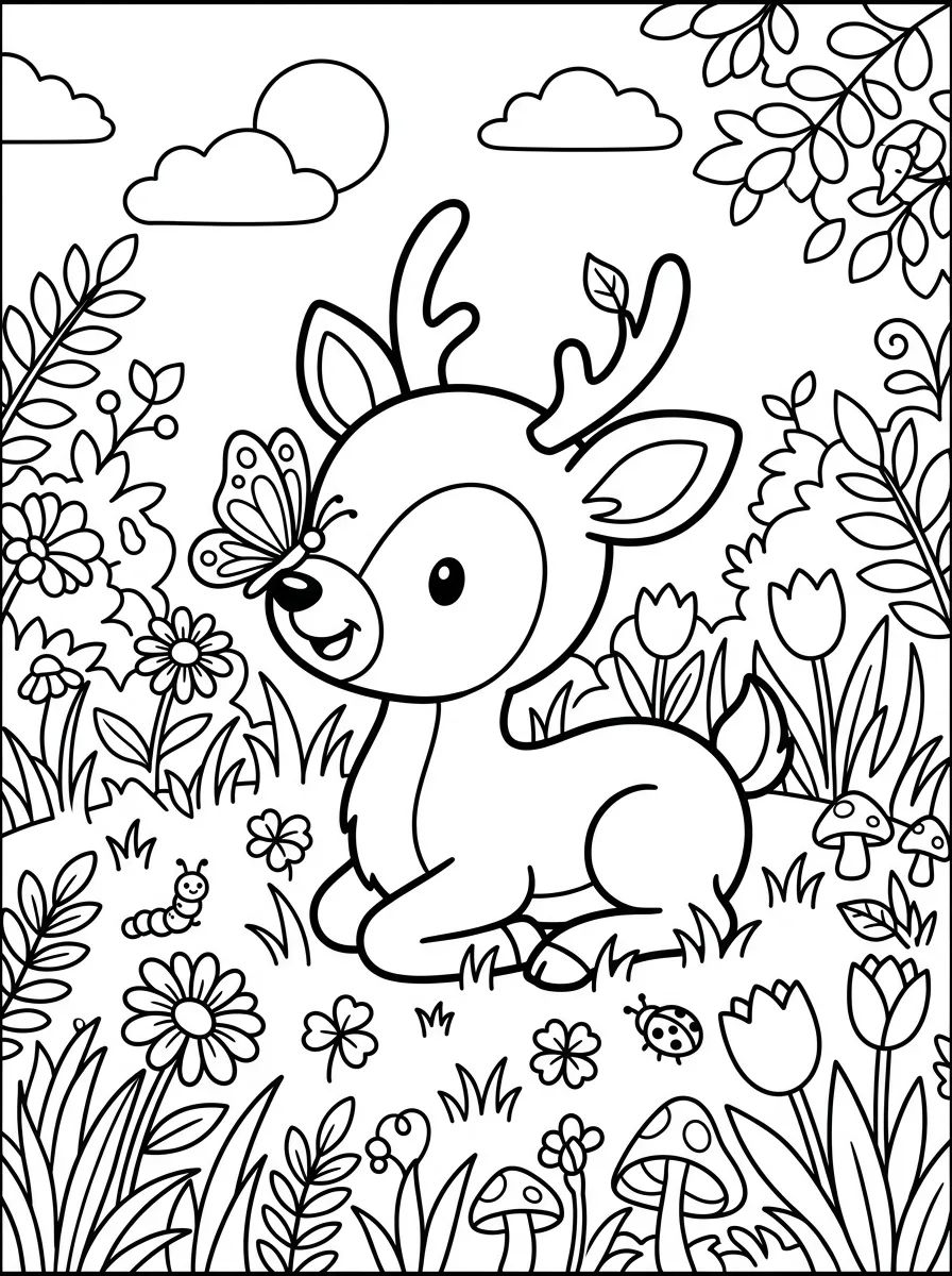 Cervinho Fofo com Borboleta para colorir Desenho de Cervinho Fofo com Borboleta para colorir e imprimir grátis