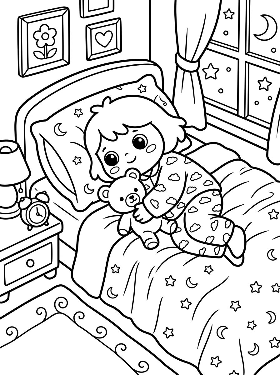 Bobbie na Cama com Seu Ursinho para colorir Desenho de Bobbie na Cama com Seu Ursinho para colorir e imprimir grátis