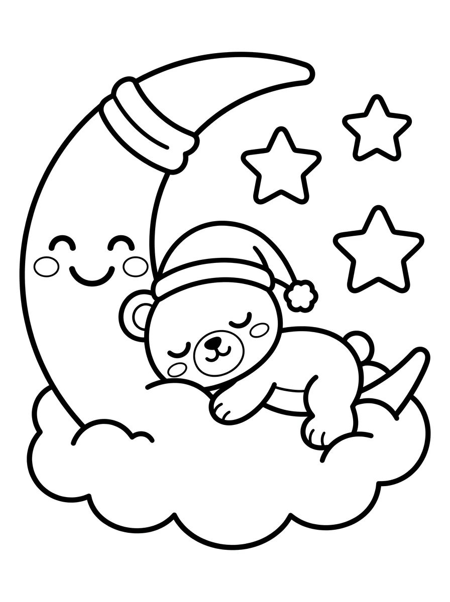 Ursinho Bobbie Tirando uma Soneca na Lua Crescente para colorir Desenho de Ursinho Bobbie Tirando uma Soneca na Lua Crescente para colorir e imprimir grátis