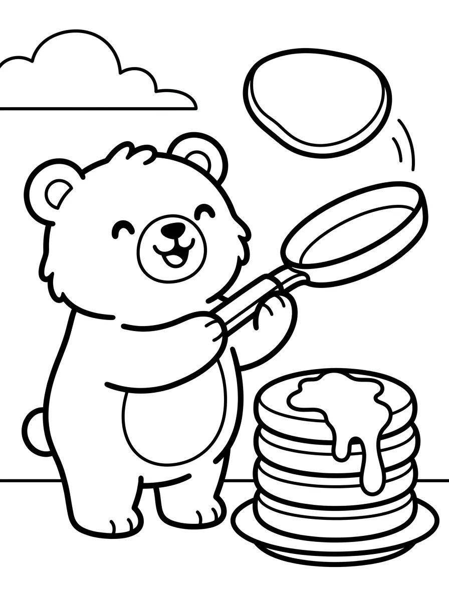 Bobbie Bear Making Pancakes para colorir Desenho de Bobbie Bear Making Pancakes para colorir e imprimir grátis