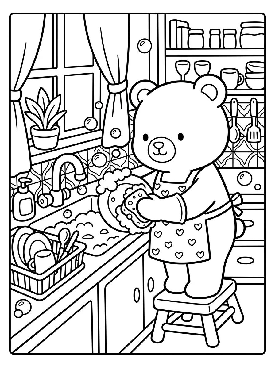 Ursinho Bobbie Lavando a Louça para colorir Desenho de Ursinho Bobbie Lavando a Louça para colorir e imprimir grátis
